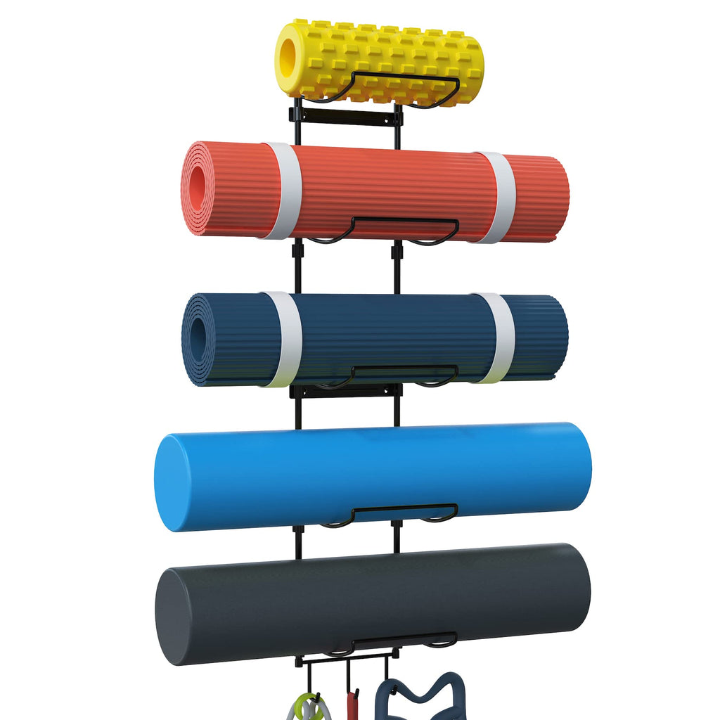 Yoga Mat Holder Wall Mount, Wall Rack Organizer, Storage Foam Roller And Block, With 5 Sectional And 3 Hooks For Hanging Yoga St