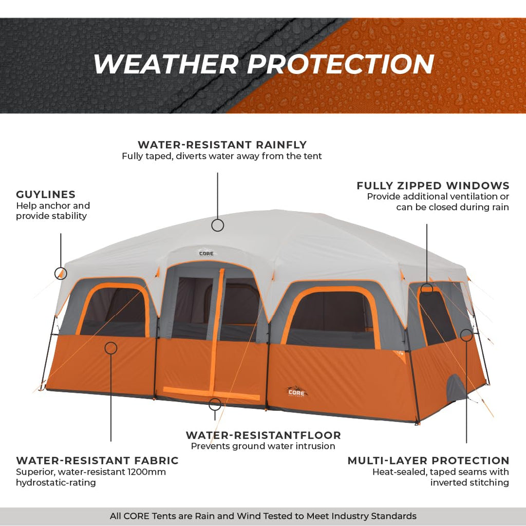 Core 12 Person Tent  Large Multi Room Camping Tent For Outdoor Family Camping  Portable Cabin Stand Up Tent With Storage Pockets