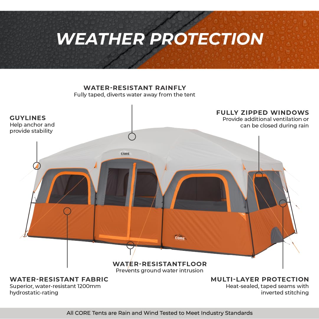 Core 12 Person Tent  Large Multi Room Camping Tent For Outdoor Family Camping  Portable Cabin Stand Up Tent With Storage Pockets