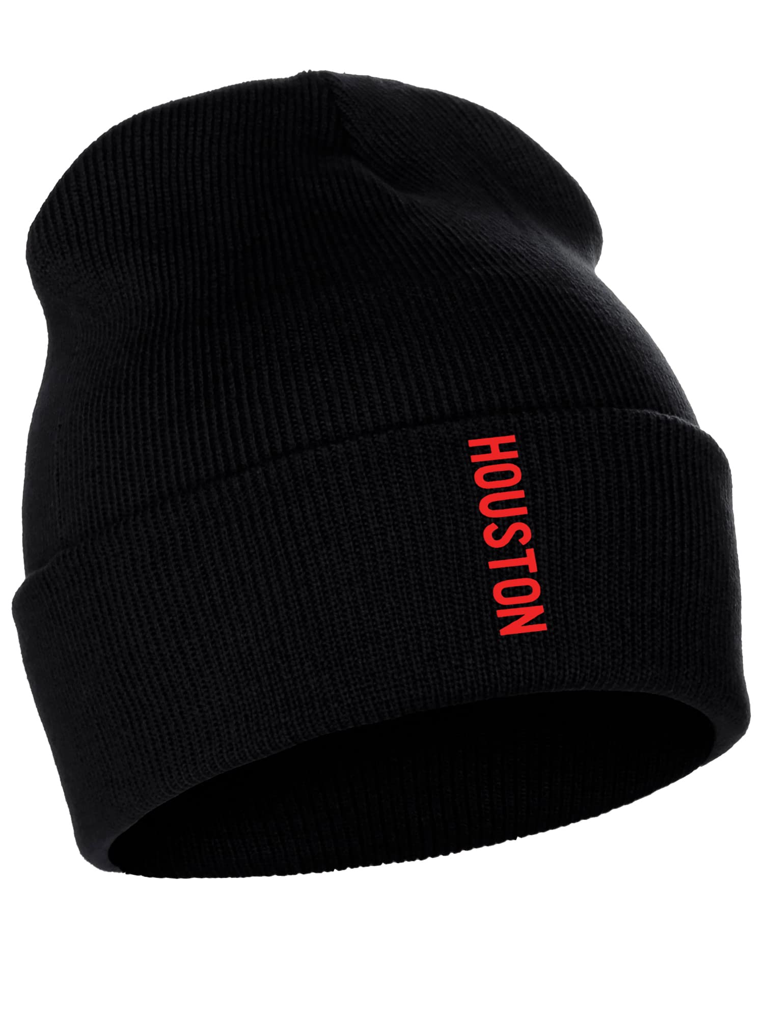 Daxton Vertical Usa Cities Cuffed Beanie Winter Knit Hat Skully Cap, Houston Black Red