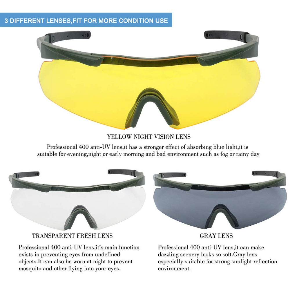 Xaegistac Tactical Eyewear 3 Interchangeable Lenses Outdoor Unisex Shooting Glasses (Green Frame)