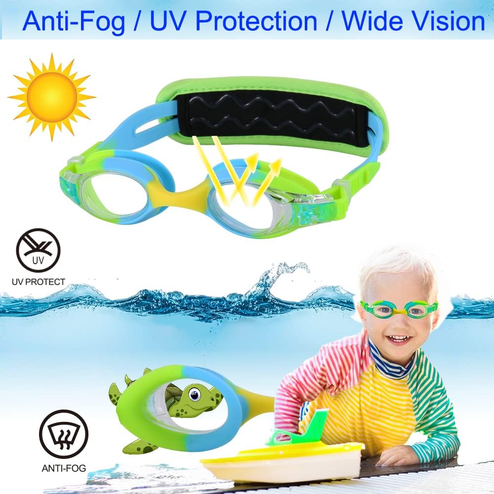 Ruigao Kids Swim Goggles Age 2-6, Toddler Goggles No Hair Pull,Child Goggles Padded Headband (1Pk Kids - Yellow Croc)