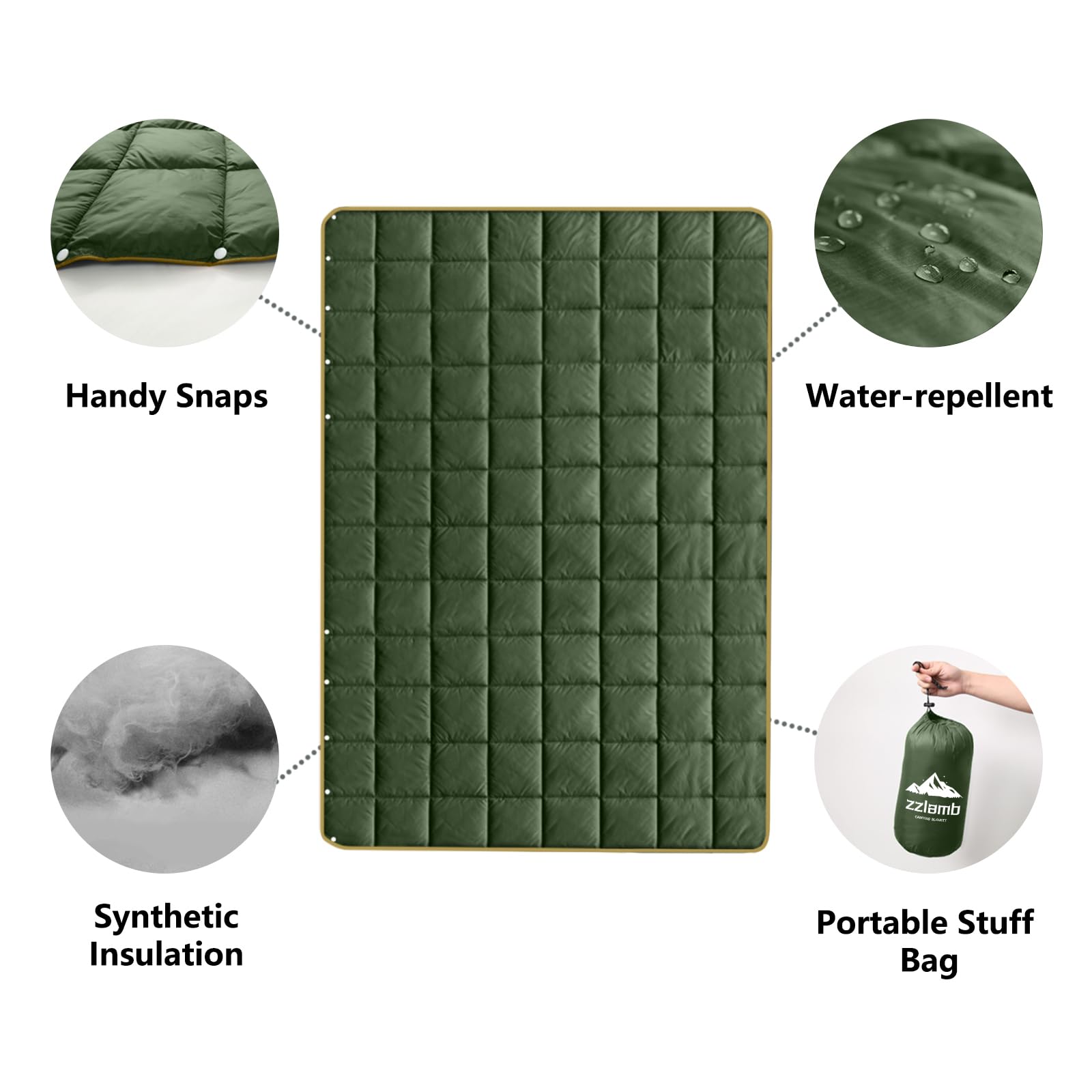 Zzlamb Puffy Camping Blanket For Adults, Compact Soft Warm Blanket Water-Repellent, Packable Lightweight Quilt Down Alternative
