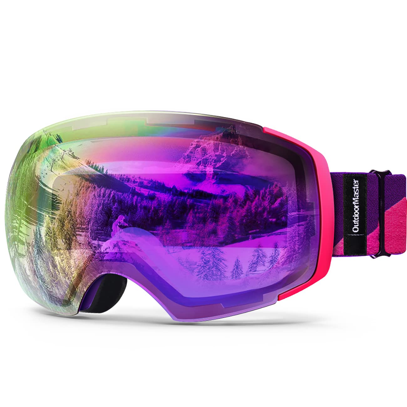 Outdoormaster Ski Goggles Pro - Frameless, Interchangeable Lens 100% Uv400 Protection Snow Goggles For Men & Women (Pink-Purple 