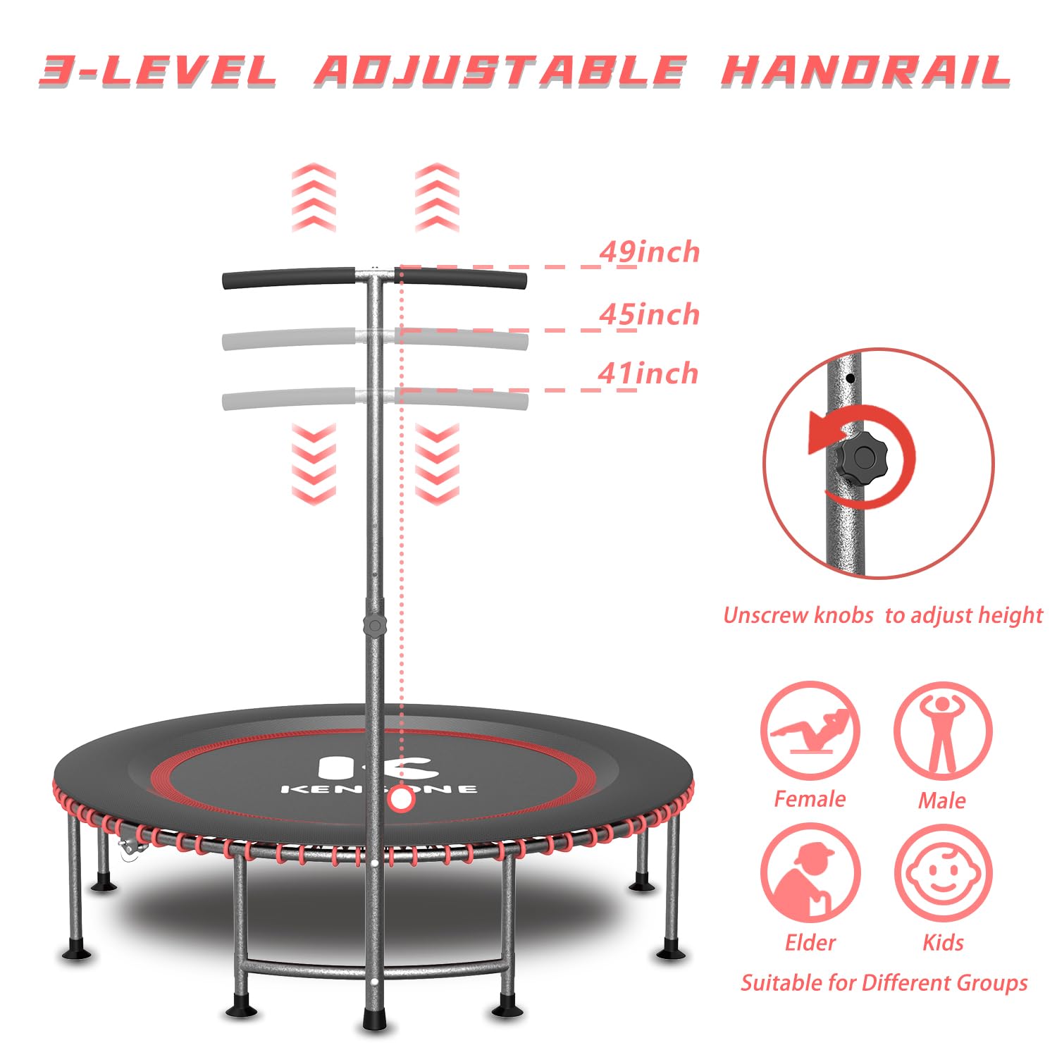 K Kensone 48 Low-Impact Rebounder Trampoline For Adults With Bungee, 550Lbs Quiet Mini Exercise Trampoline With Adjustable T-Sha