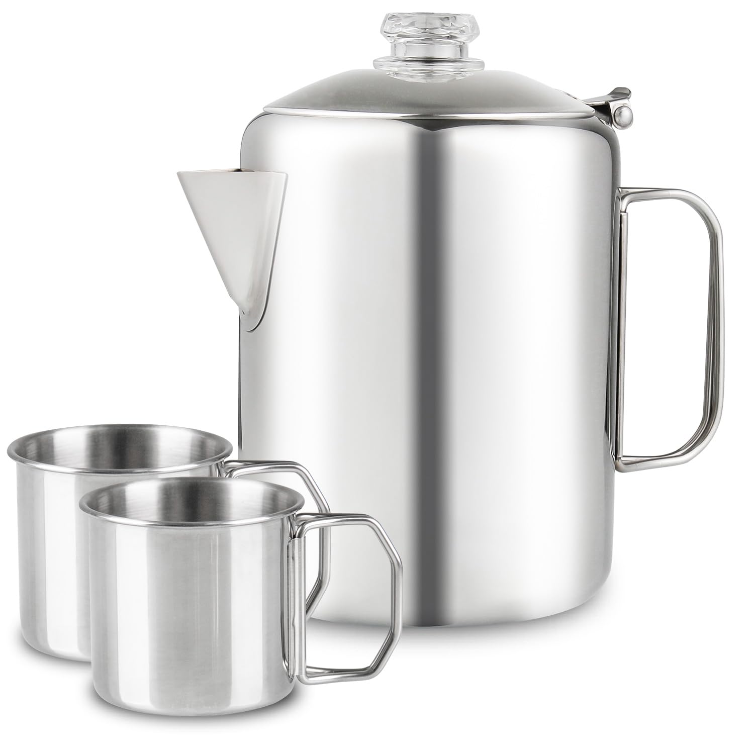 Apoxcon Coffee Percolator Bundle With 2 Mugs Stainless Steel Coffee Maker With Heat Resistant Tough Glass Knob & Foldable Handle