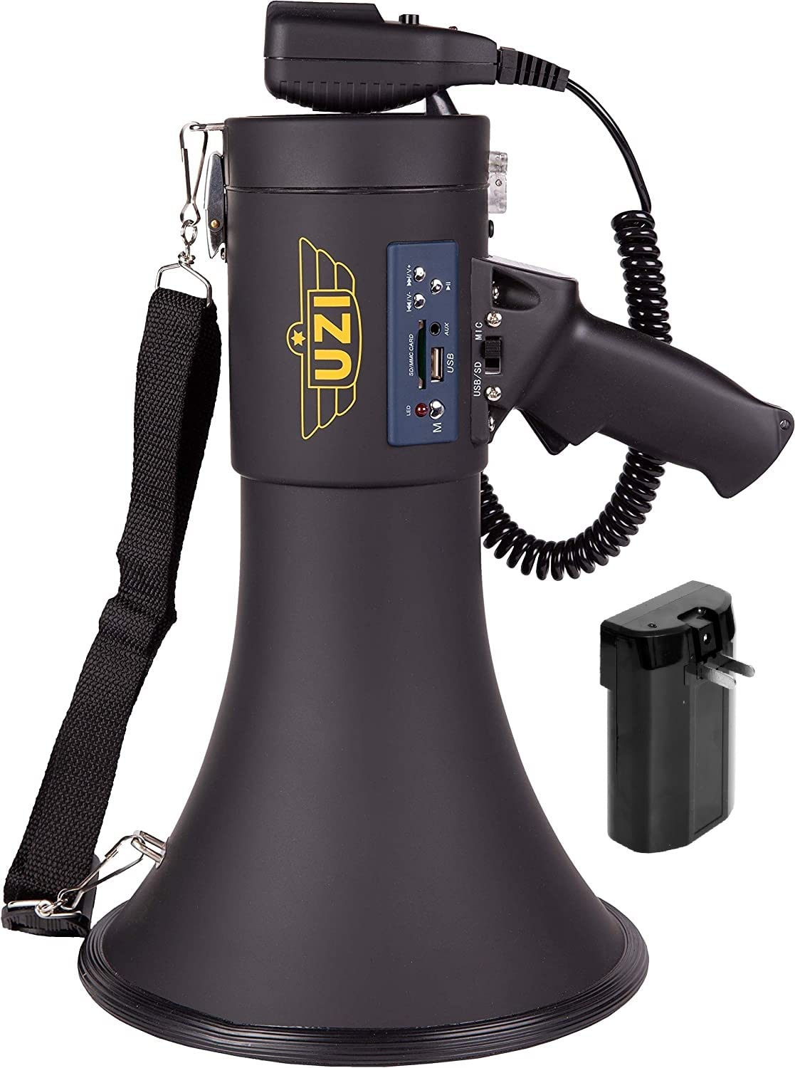 Uzi High Power Loud Big Bluetooth Megaphone 50W, Real Siren, Bullhorn, Rechargeable Battery, Portable Speaker, Pa System, Adjust
