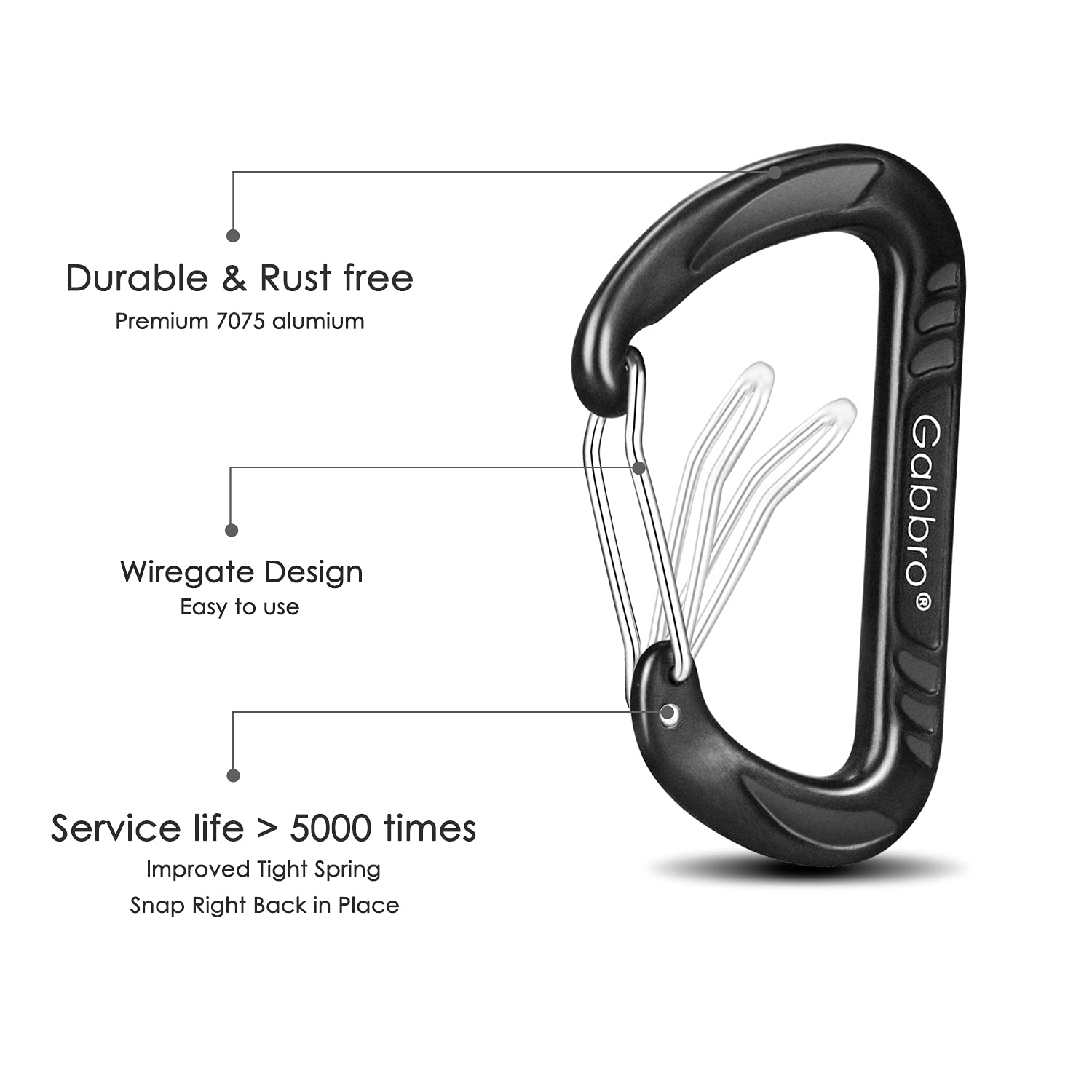 Gabbro Carabiner Clip Heavy Duty 2697Lbs, 4 Pcs 3'' Large Lightweight Aluminum Caribeaners With Keychain Hook Ring - Black