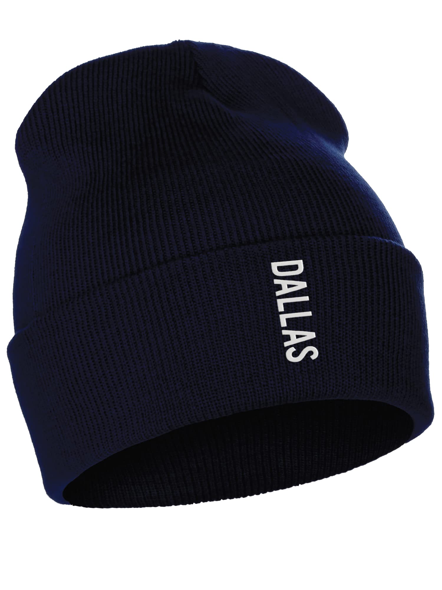 Daxton Vertical Usa Cities Cuffed Beanie Winter Knit Hat Skully Cap, Dallas Navy White