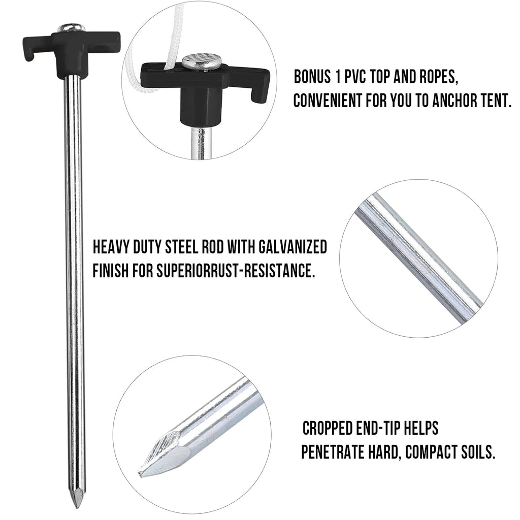 Abccanopy 8 Inch Tent Stakes 10 Pcs Non-Rust Metal Ground Anchors, Heavy Duty Spikes With 4 Ropes For Outdoor Camping, Black