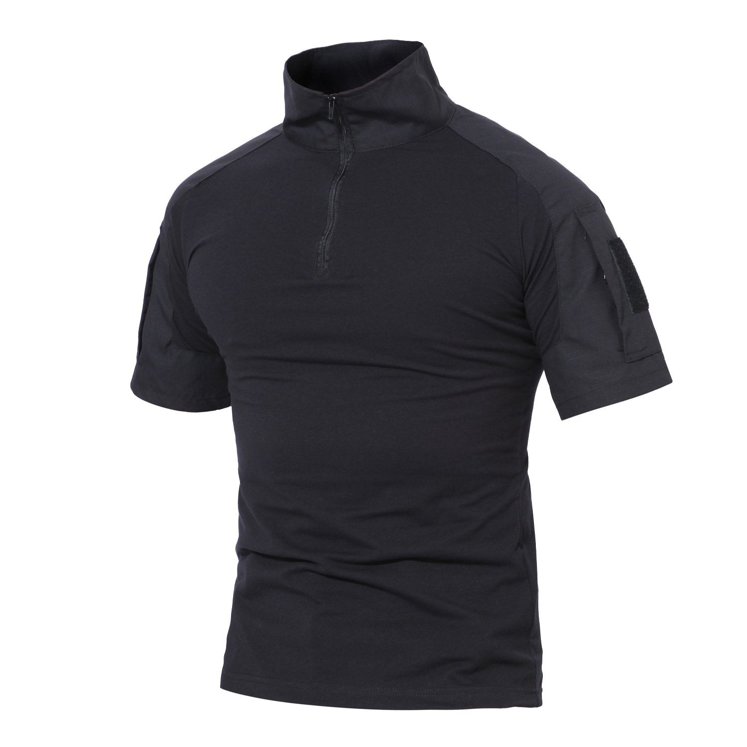 MAGCOMSEN Mens Tactical Camo T-Shirt - Military, Hiking, Fishing - Short Sleeve, Zipper, Black