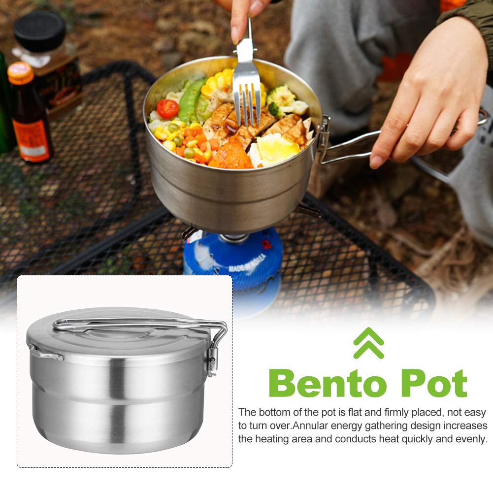 Denpetec Stainless Steel Camping Cook Pot With Lid And Folding Handle Camping Cookware 1.5L Large Capacity Bento Pot For Camping