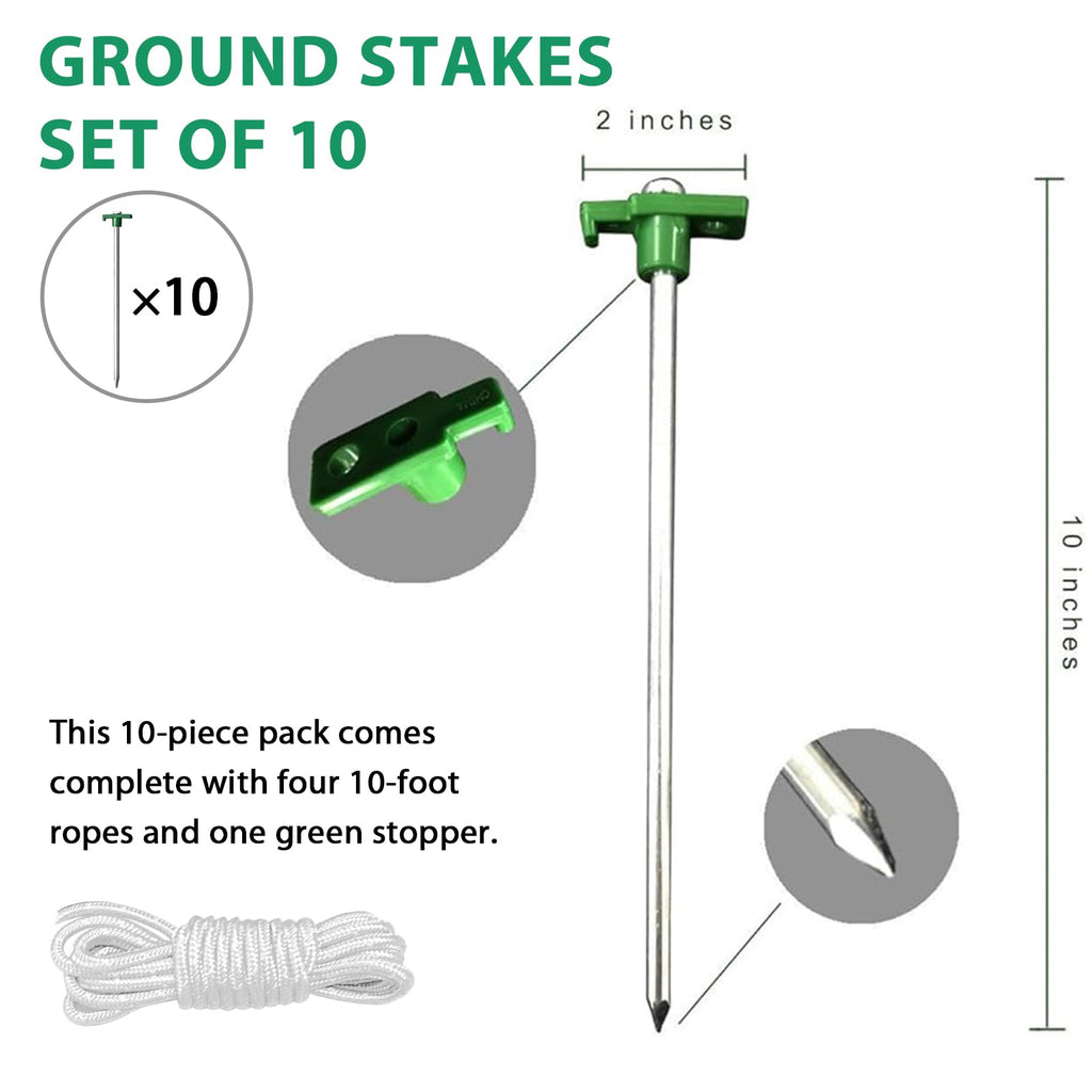 Eurmax Usa Galvanized Non-Rust Camping Family Tent Pop Up Tent Stakes Ice Tools Heavy Duty 10Pc-Pack, With 4X10Ft Ropes & 1 Gree