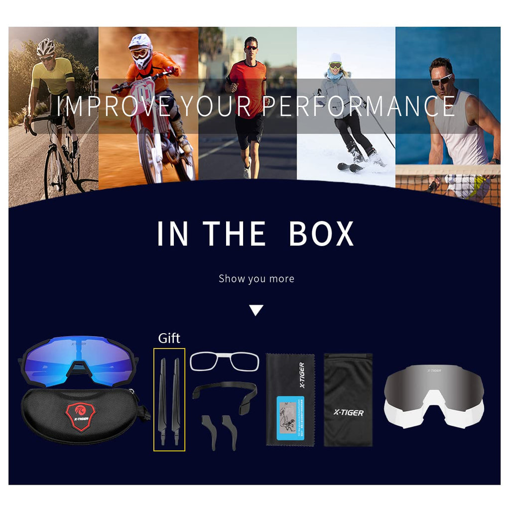 X-Tiger Polarized Cycling Bike Sunglasses,Bicycle Glasses With 3 Interchangeable Lenses (Blackblue)