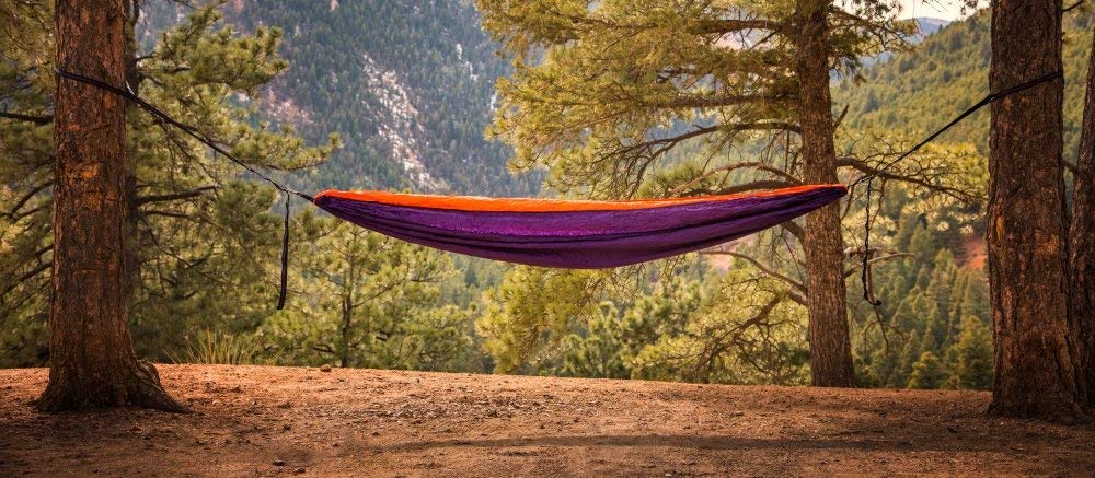 Thesunnysideshoppe Sunnysack Lightweight Heavy Duty Parachute Nylon Double Hammock With Tree Straps - Sunset (Purple/Orange)