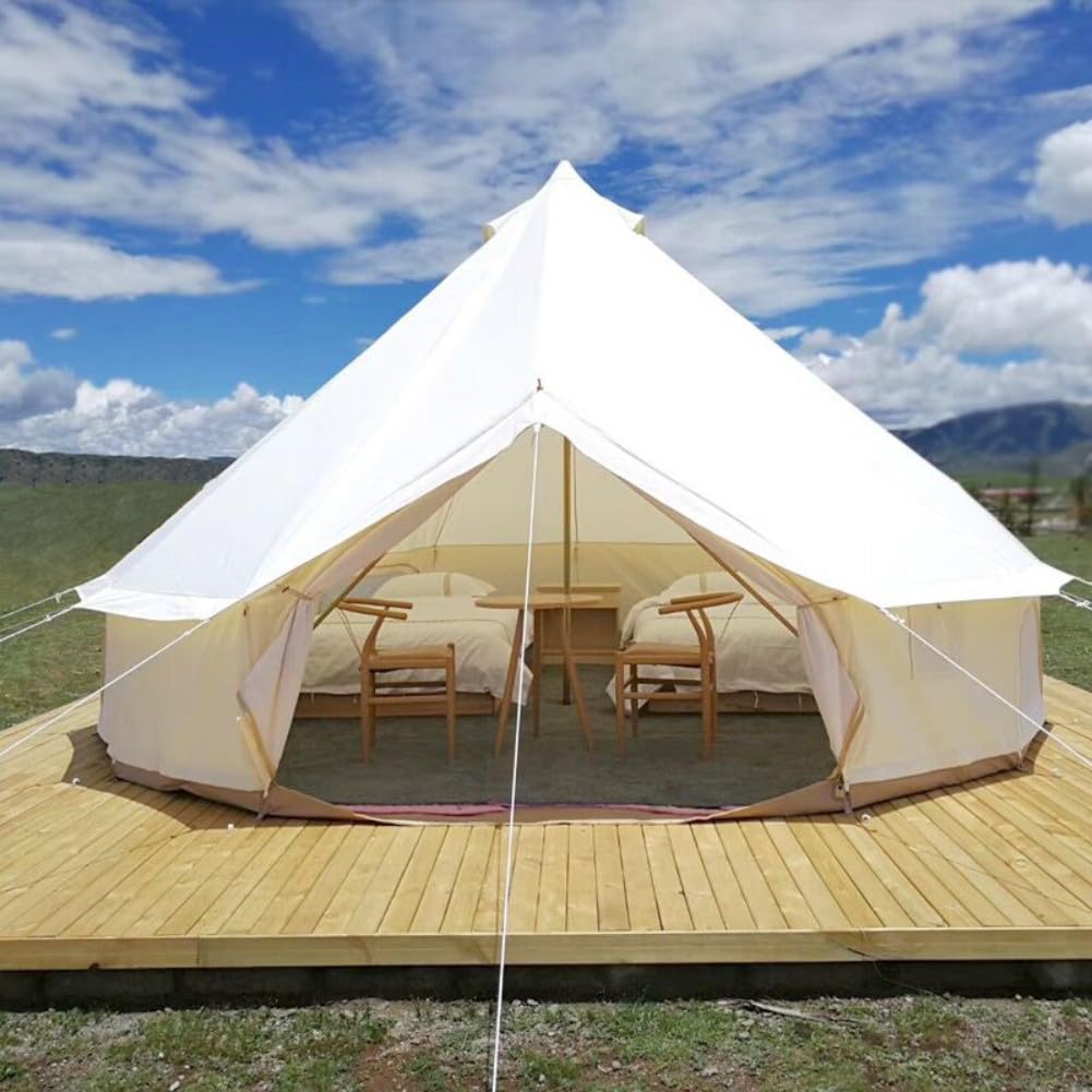 Outdoor Family Camping Safari Glamping Tent Waterproof Luxury 3/4/5/6M Yurt Bell Tent With Mesh Screen (Off White Oxford Tent, 6