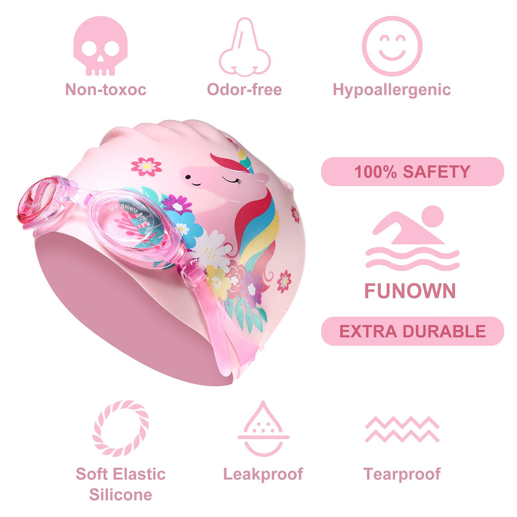 4 Pieces Swim Cap Kids Unicorn Silicone Waterproof Age 2-12 Cute Swim Caps With Goggles For Long And Short Hair Kids Children Bo