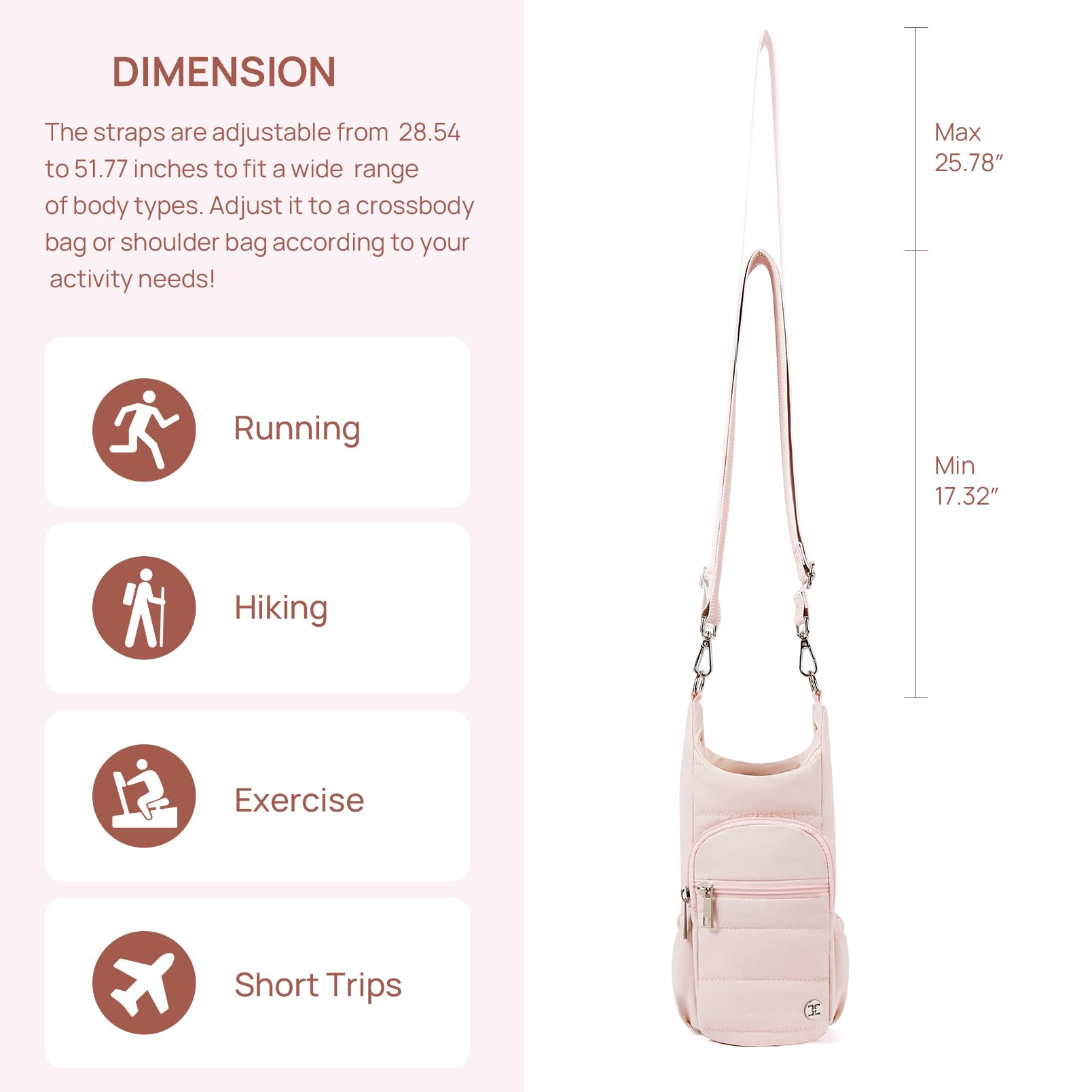 Telena Water Bottle Holder With Strap Crossbody Bags For Women For Walking, Hiking, Cycling Pink