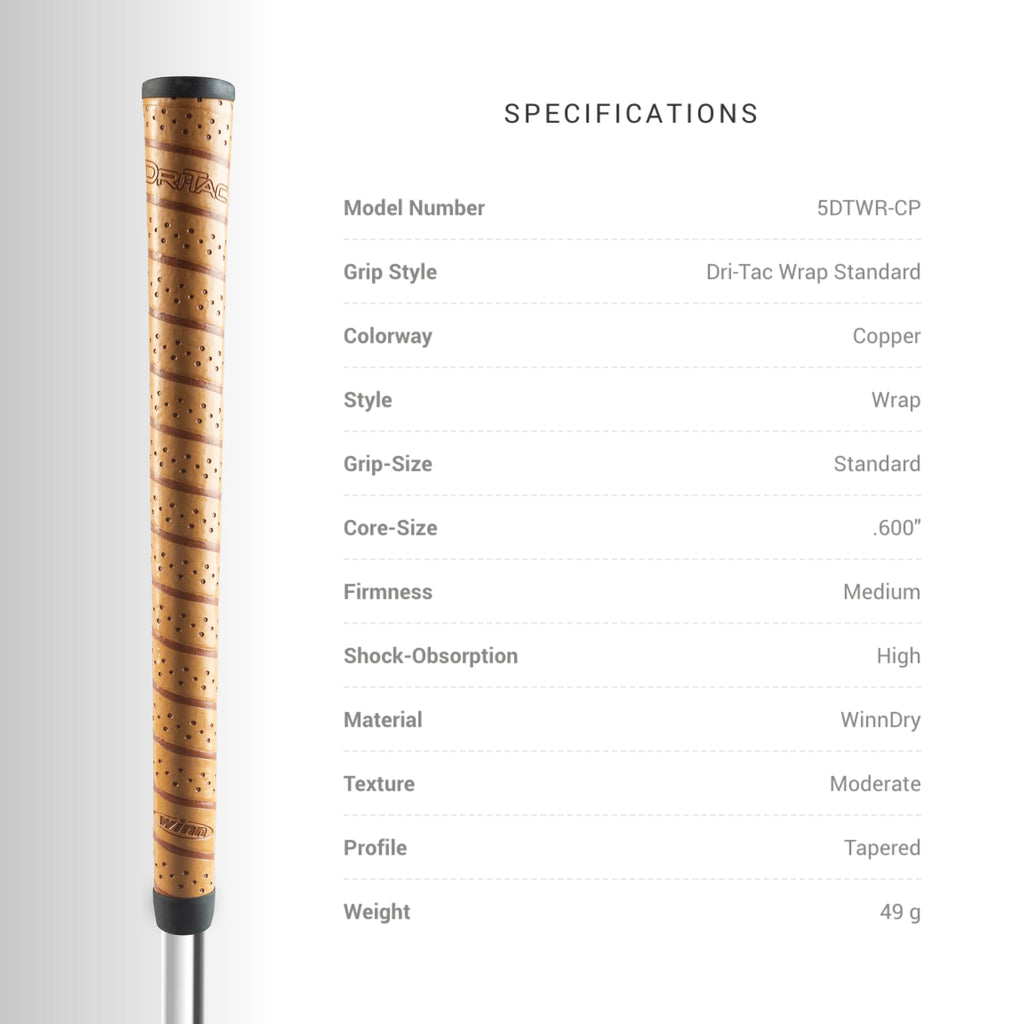 Winn Dri-Tac Wrap Standard Golf Grip - Classic Wrap-Style Design With Contoured Profile - Winndry Polymer For Performance, Comfo