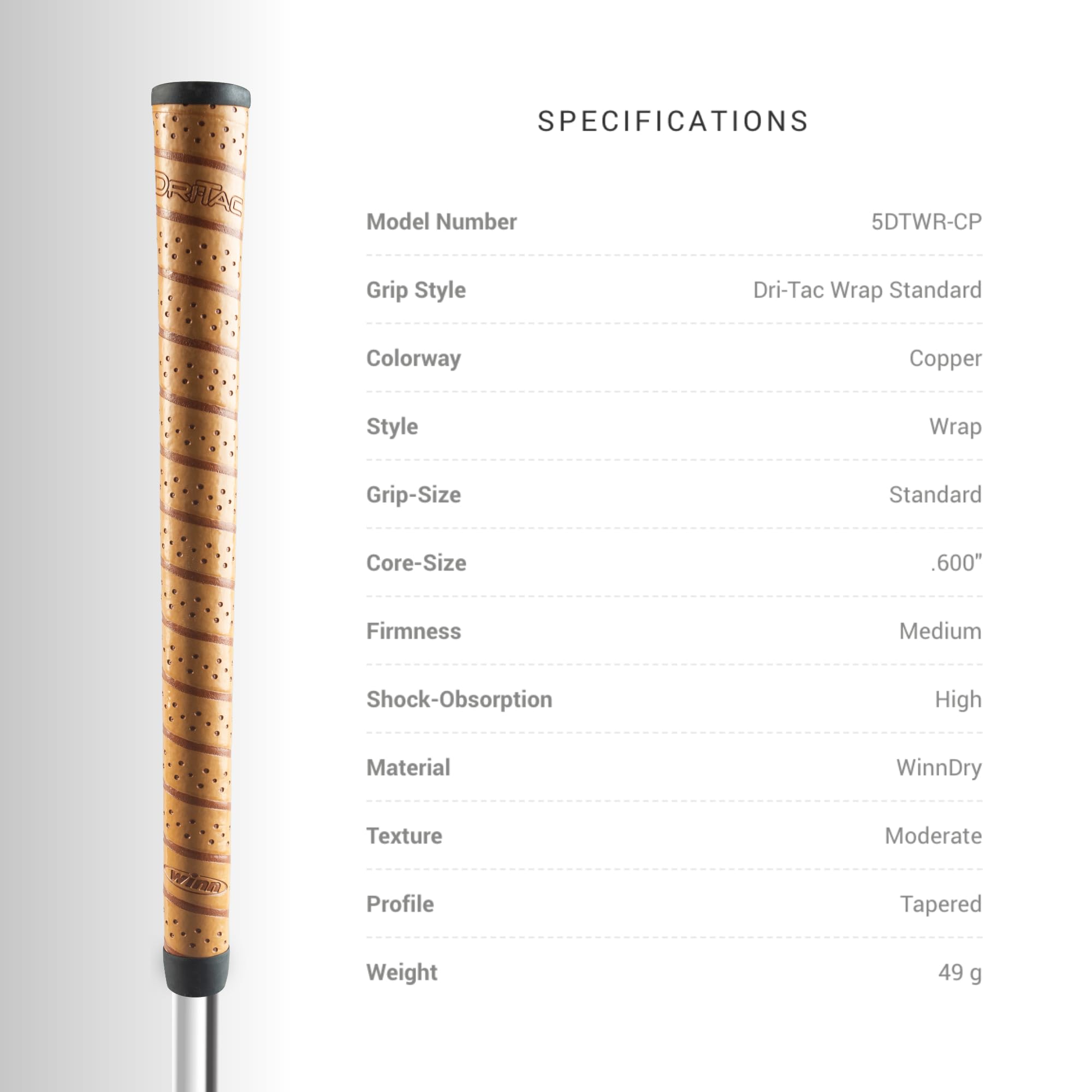 Winn Dri-Tac Wrap Standard Golf Grip - Classic Wrap-Style Design With Contoured Profile - Winndry Polymer For Performance, Comfo