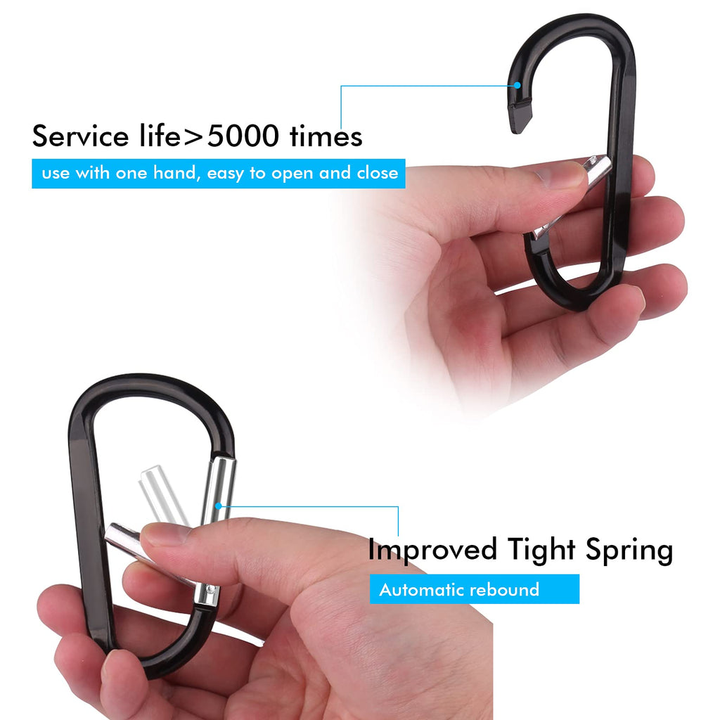 6Pcs Black Carabiner Caribeaner Clip,3'' Large Aluminum D Ring Shape Carabeaner With 6Pcs Keyring Keychain Hook