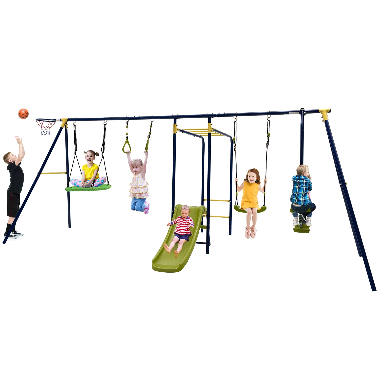 HONEY JOY Swing Set, 660lbs 7-in-1 Heavy Duty Swingset Outdoor for Kids w/A-Frame Metal Swing Stand, 2 Swings, Glider, Gym Rings