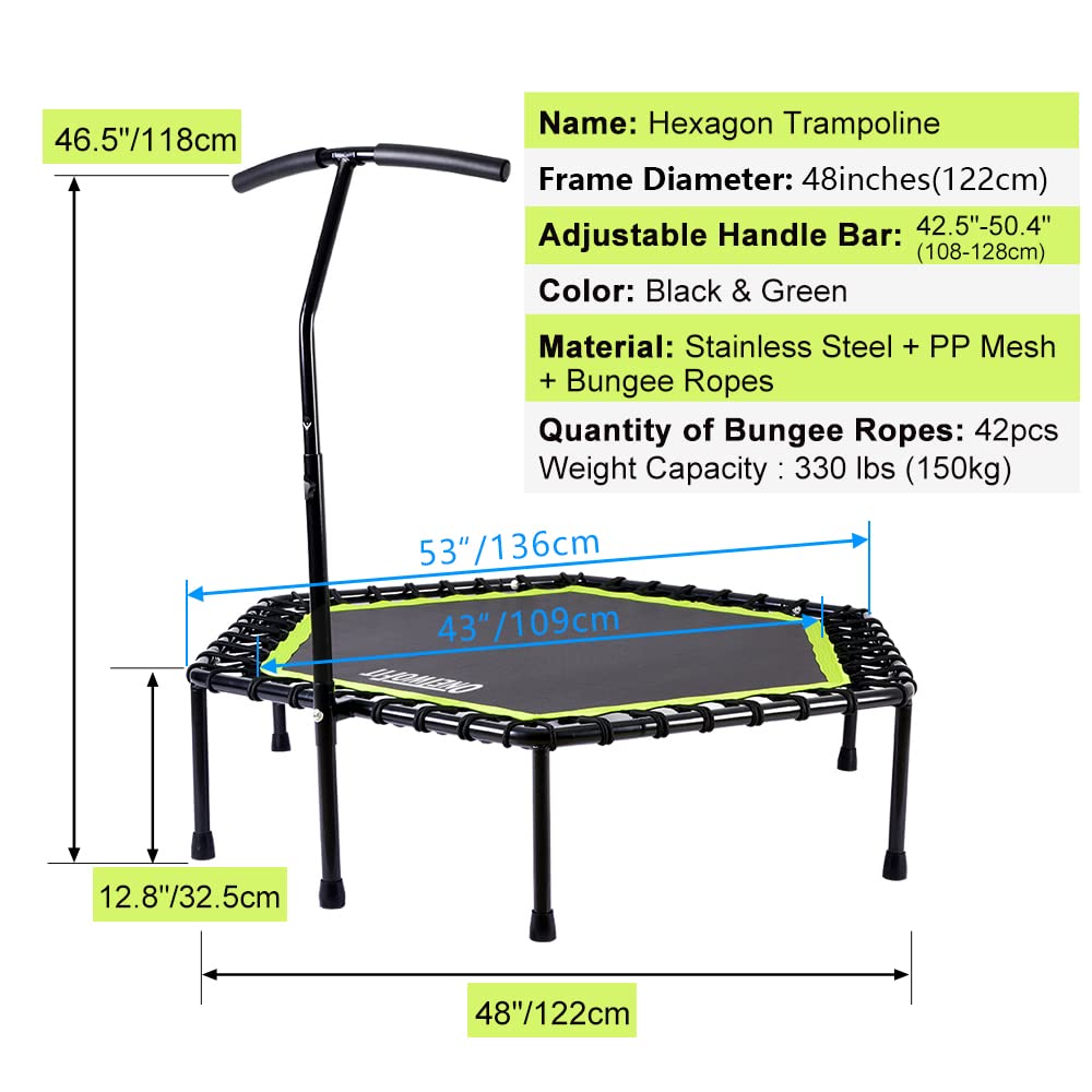 Onetwofit 48'' Silent Mini Trampoline With Adjustable Handle Bar Fitness Trampoline Bungee Rebounder Jumping Cardio Trainer Work