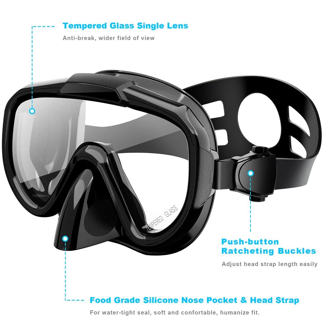 Snorkel Set, Dry Top Snorkeling Gear For Adults, Panoramic Anti-Leak And Anti-Fog Tempered Glass Lens, Adults Adjustable Snorkel