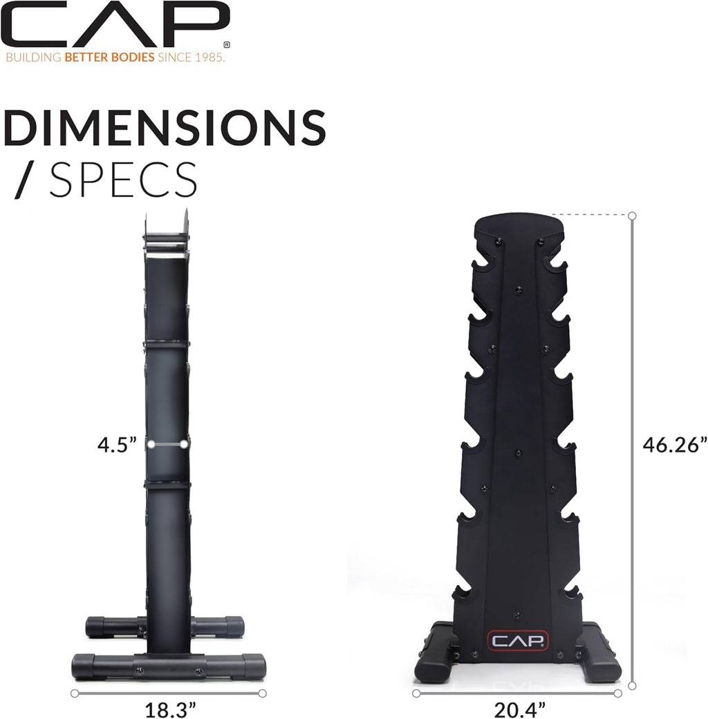 CAP Barbell 210 LB Black Handle Coated Hex Dumbbell Weight Set with Vertical Silver Rack
