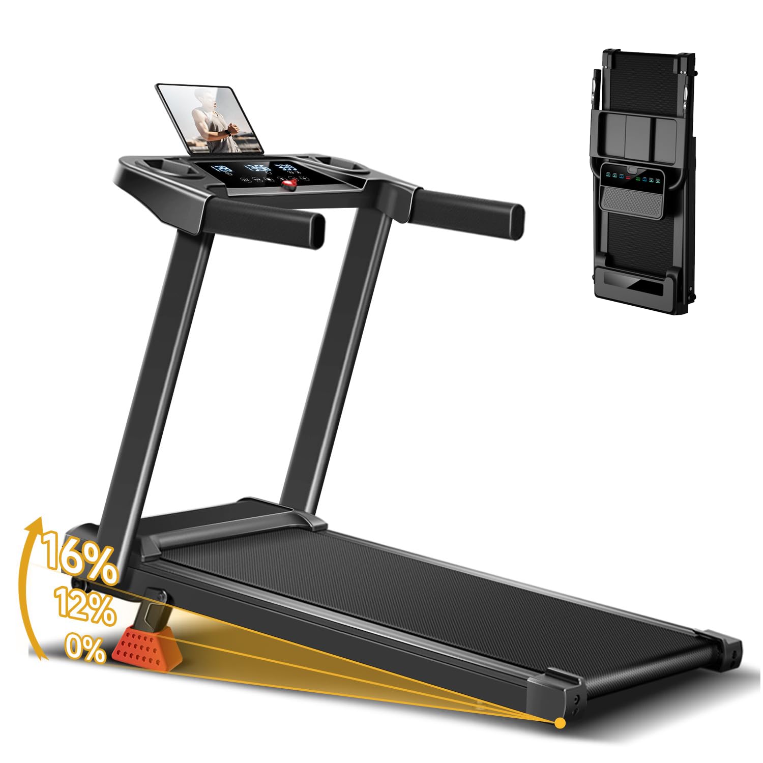 16% Incline Treadmill with Handle, 3-in-1 Portable Treadmills for Home and Office, Foldable Treadmills with 300 Lbs Weight Capac