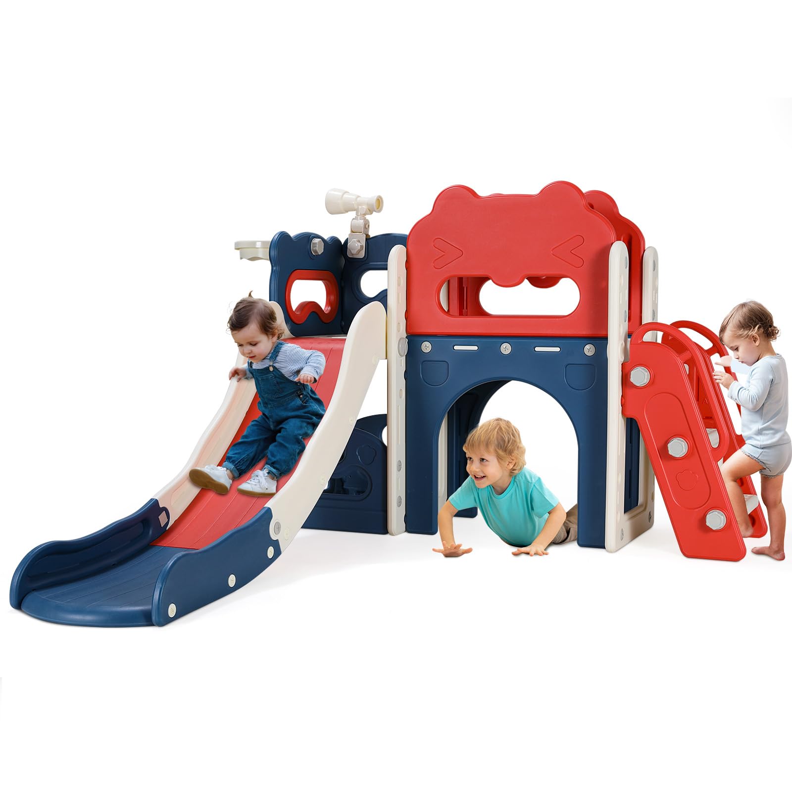 MAMIZO Large Toddler Playset - L-Shaped Kids Slide with Long Slope, Baby Climber, Enclosed Steps, Telescope, Basketball Hoop, Tu