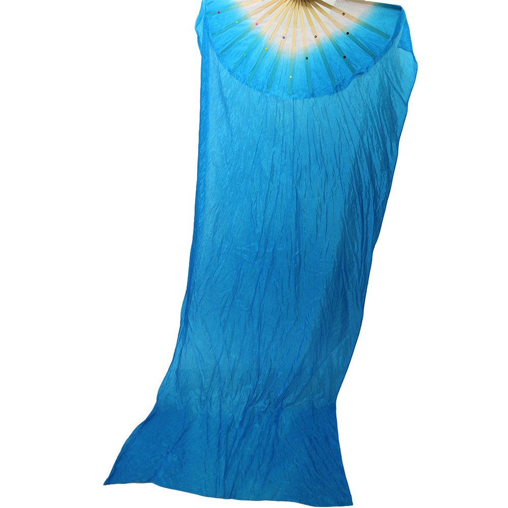 Weisipu 18M Artificial Silk Belly Dance Handmade Bamboo Fans Veils Right Hand(Blue)