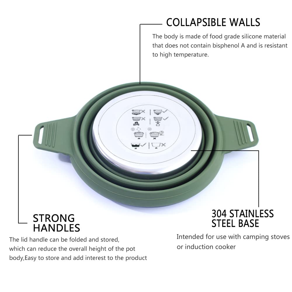 Campwolf 2.5L Collapsible Camping Cook Pot,Portable Cookware For Outdoor Hiking (Dark Green)
