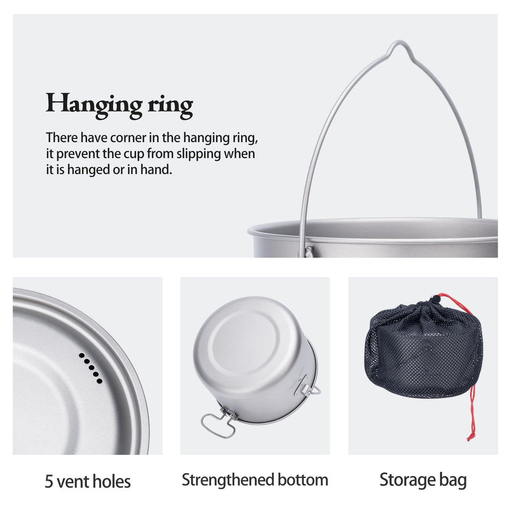 Ibasingo 1300Ml Outdoor Titanium Pot With Lid Folding Handle Camping Hiking Picnic Ultralight Bowl Tableware Only 166.5G Ti2043C