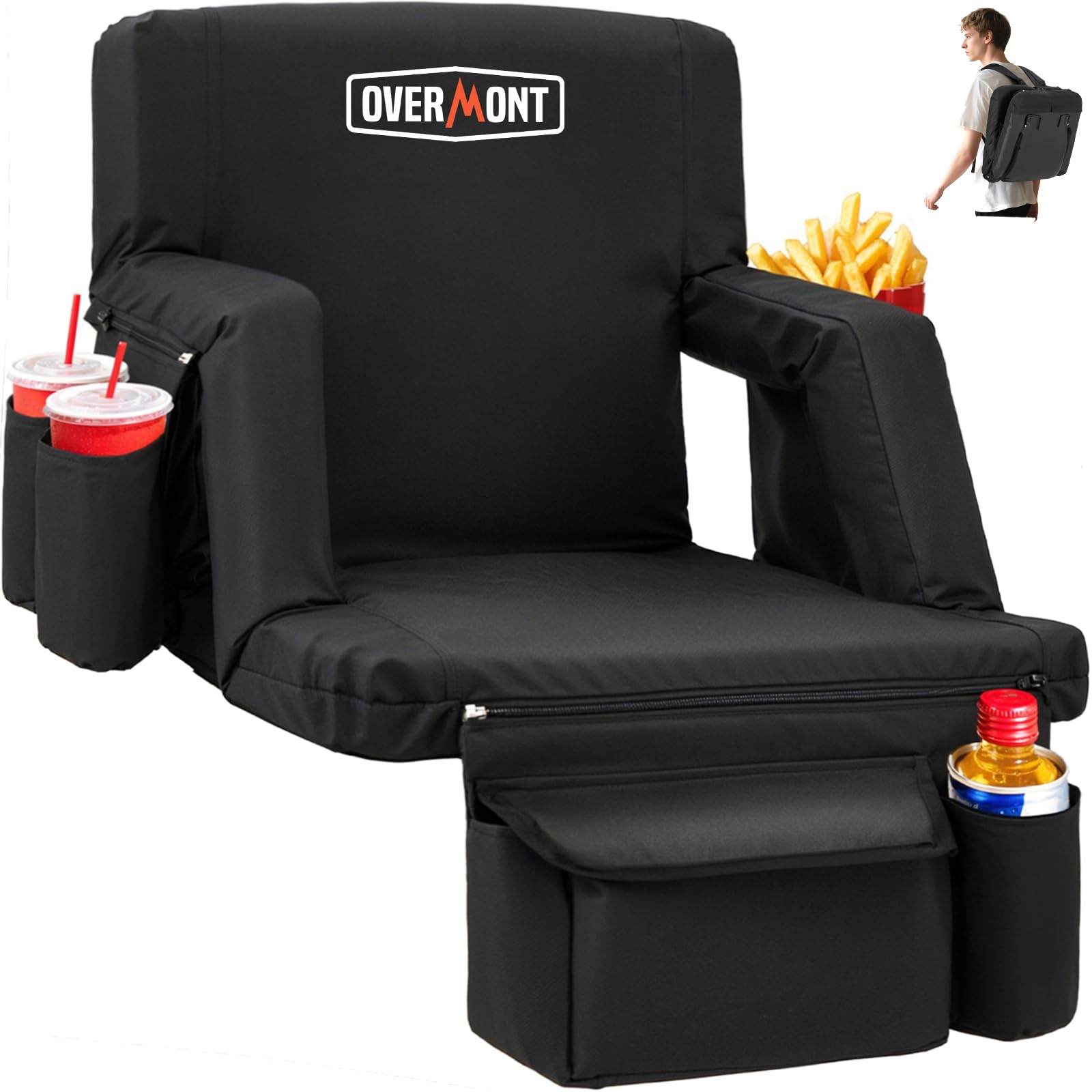 Overmont Stadium Seat With Back Support - 6-Position Recliner, Extra Wide Cushion, Dual Hooks, Backpack Straps, And Multiple Poc
