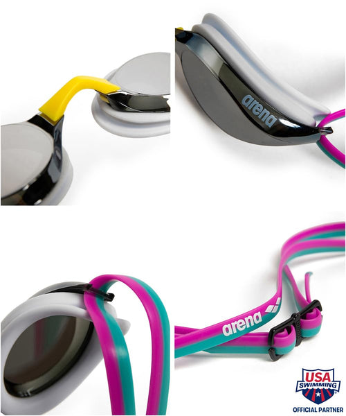 Arena Unisex Adults Python Racing Swim Goggles For Men And Women Anti-Fog Mirror Lens Max Comfort Dual Strap, Silver/White/Fuchs
