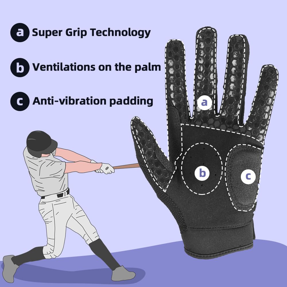 Seibertron B-A-R Pro 2.0 Signature Baseball/Softball Batting Gloves Super Grip Finger Fit For Youth Black L