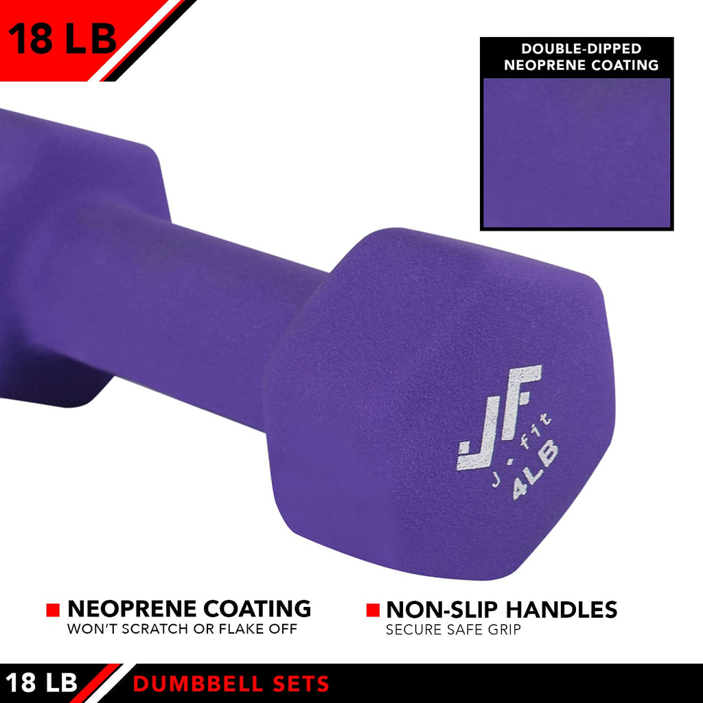 Jfit Dumbbell Set W/Durable Rack, Double Neoprene Coated Workout Weights, Solid Design Rack, 18 Lb Set