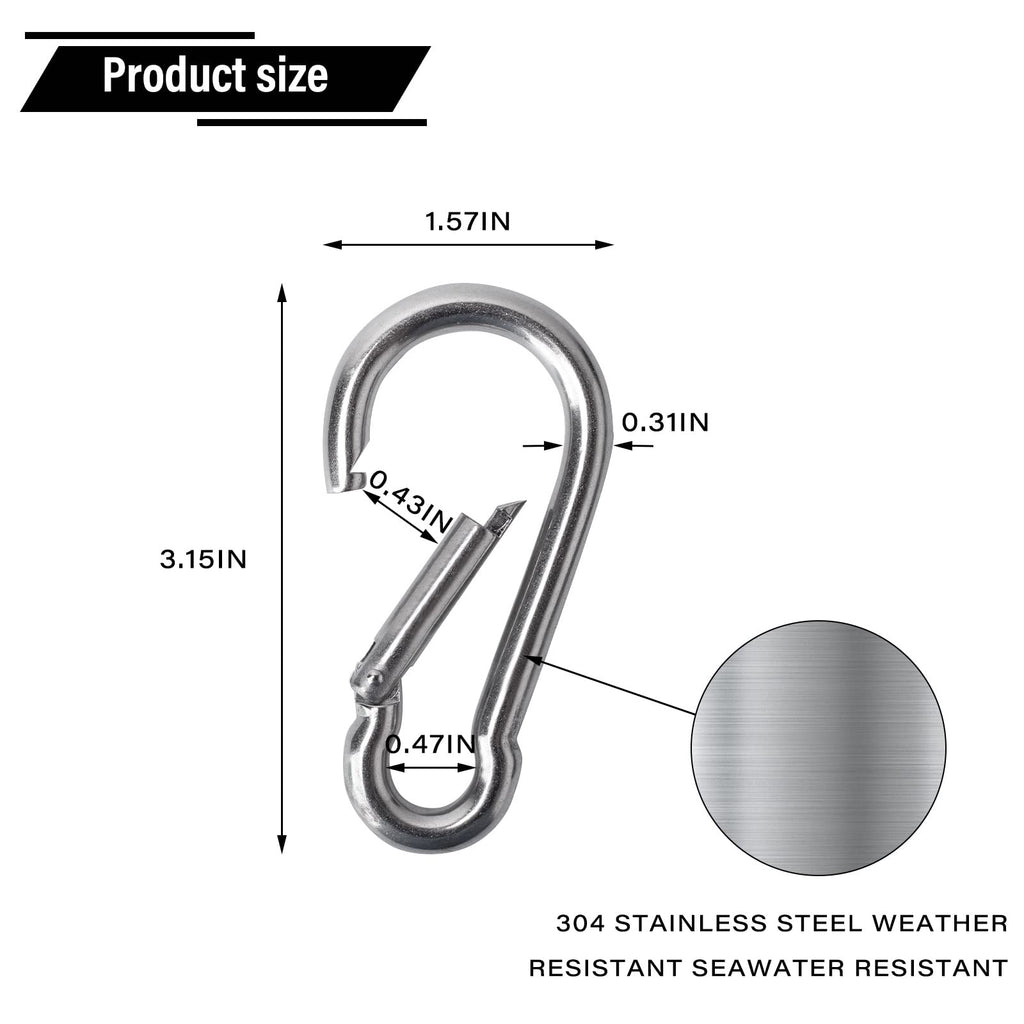 Grandbuy 3.15 Inch Large Spring Snap Hook Carabiner, 304 Stainless Steel Snap Hook Heavy Duty Carabiner Clip, Stainless Steel Sp