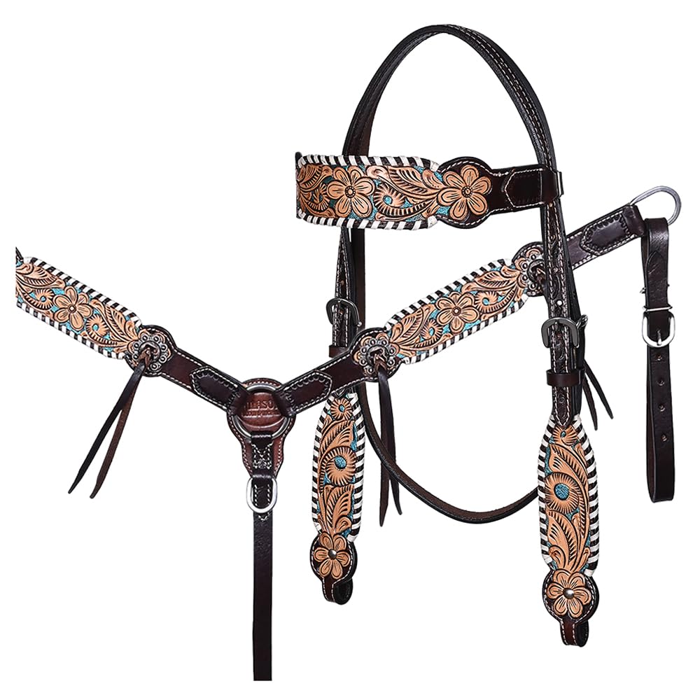 HILASON Floral Painted Beaded American Leather Horse Headstall Breast Collar | Tack Set for Horses