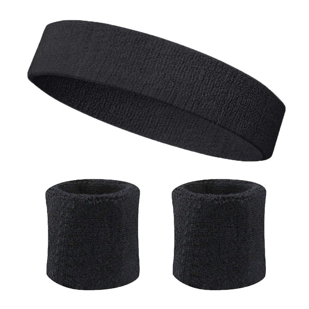 Prash Sports Headband And Pair Of Wristband (Black) Sport Sweat Band Workout Tennis Cycling Gym Football Cricket