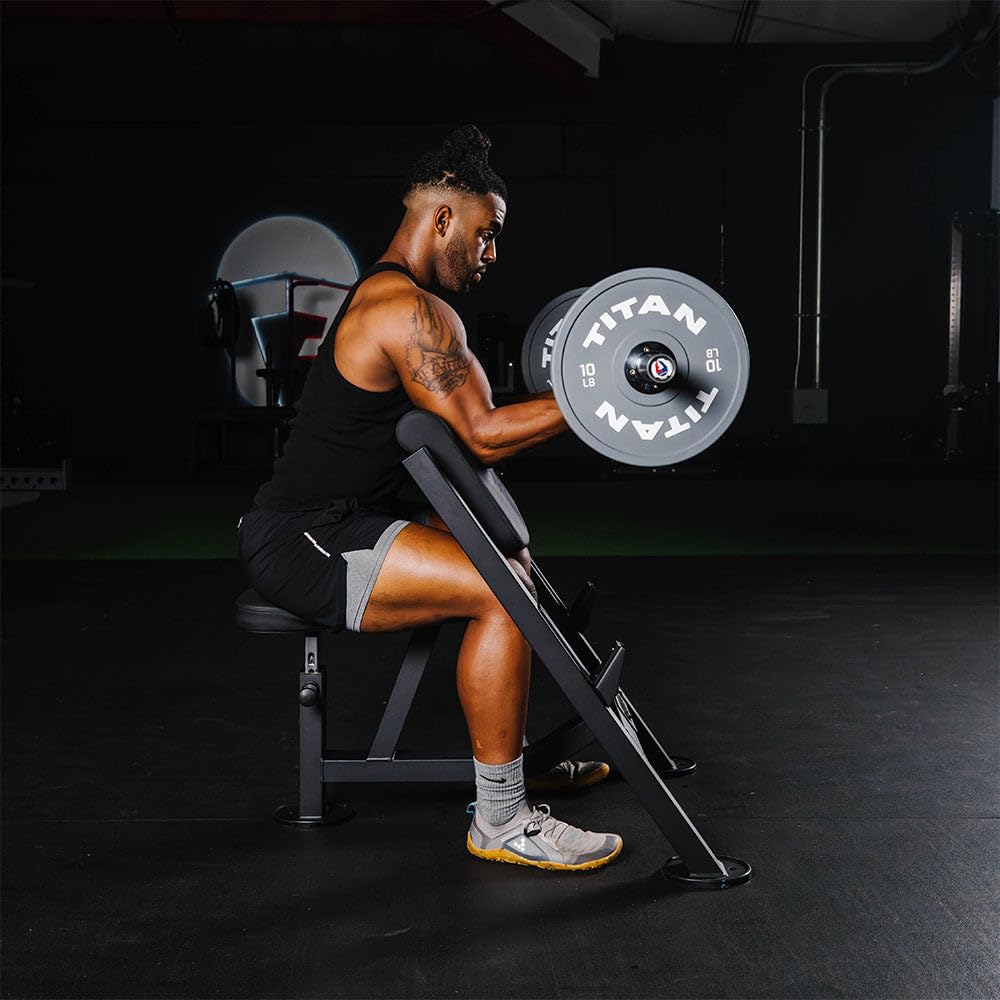 Titan Fitness Seated Preacher Curl Bench, Max Load 250 Lb, Bicep Curl Support Training, Isolated Barbell Dumbell Ez Curl Special