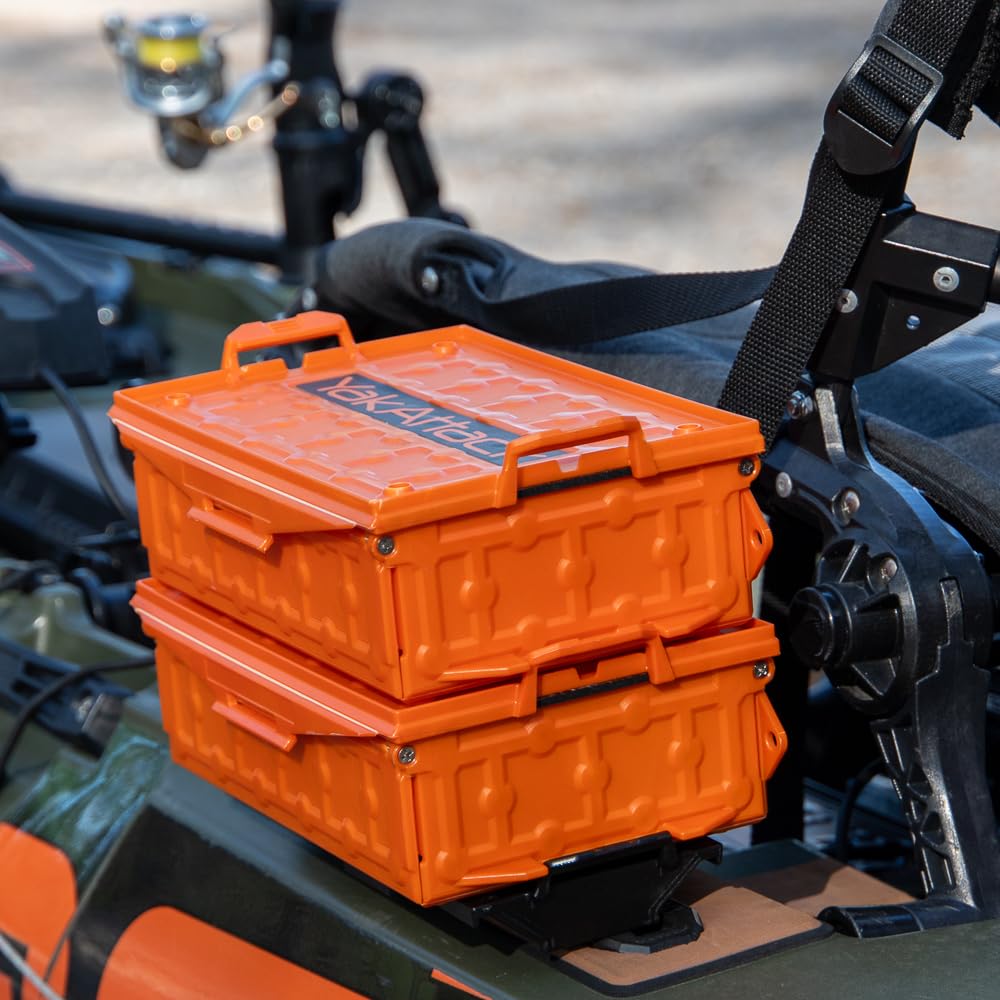 Yakattack Tracpak Orange Combo Kit - 2 Stackable Kayak Storage Boxes With Quick Release Track Mount Base | Kayak Crate System Fo