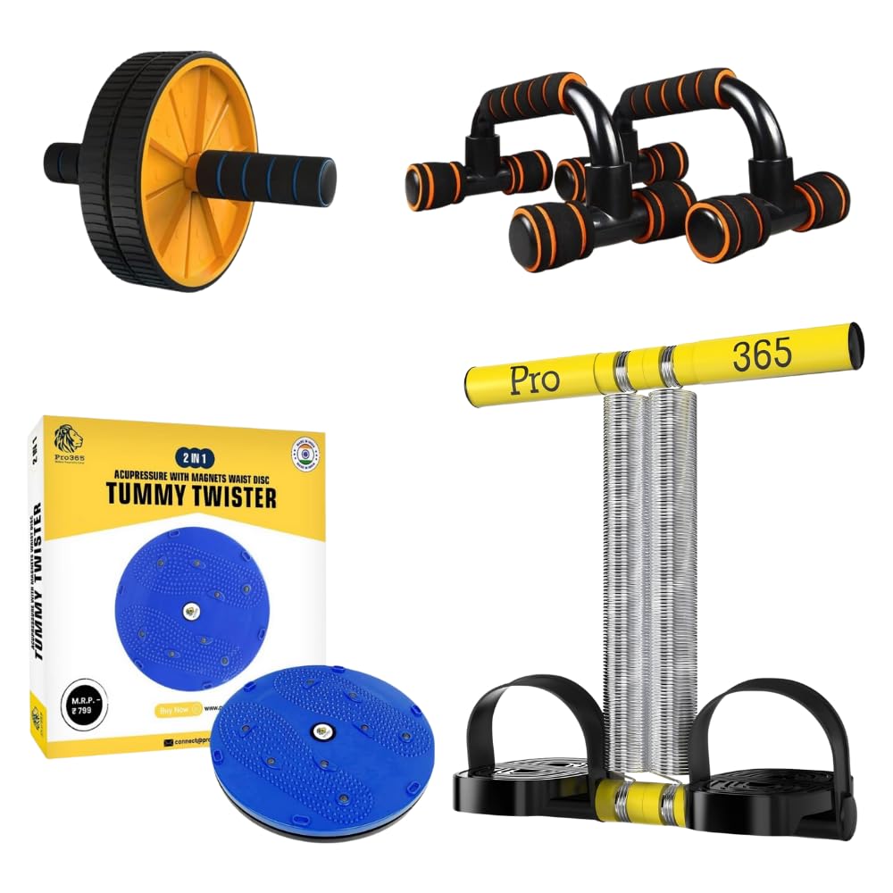 Home Fitness Equipment Kit, Ab Roller Wheel, Push Up Bars, Tummy Twister Disc, Resistance Band with Foot Pedal, 4in1 Workout S