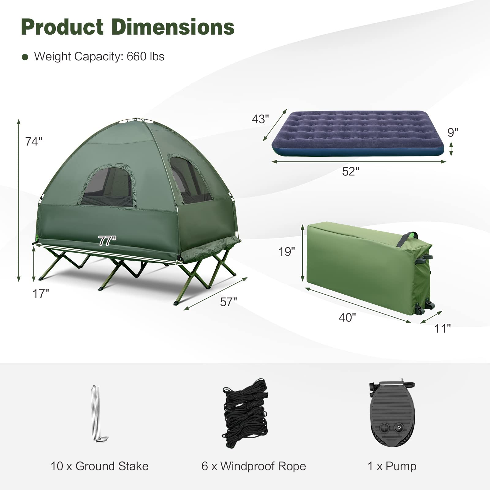 Dortala 2-Person Tent Cot, Foldable Camping Tent W/Air Mattress & Sleeping Bag, Elevated Camping Tent W/Waterproof & Uv-Resistan