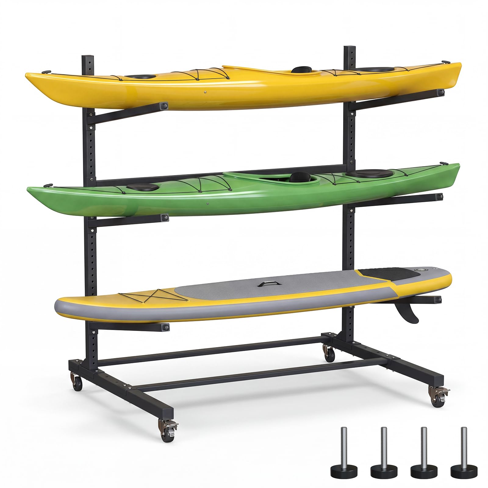 Noliven 3 Tier Freestanding Kayak Storage Rack, Adjustable Kayak Racks, 4 Detachable 360 Wheels with Brakes & Adjustable Feet, C