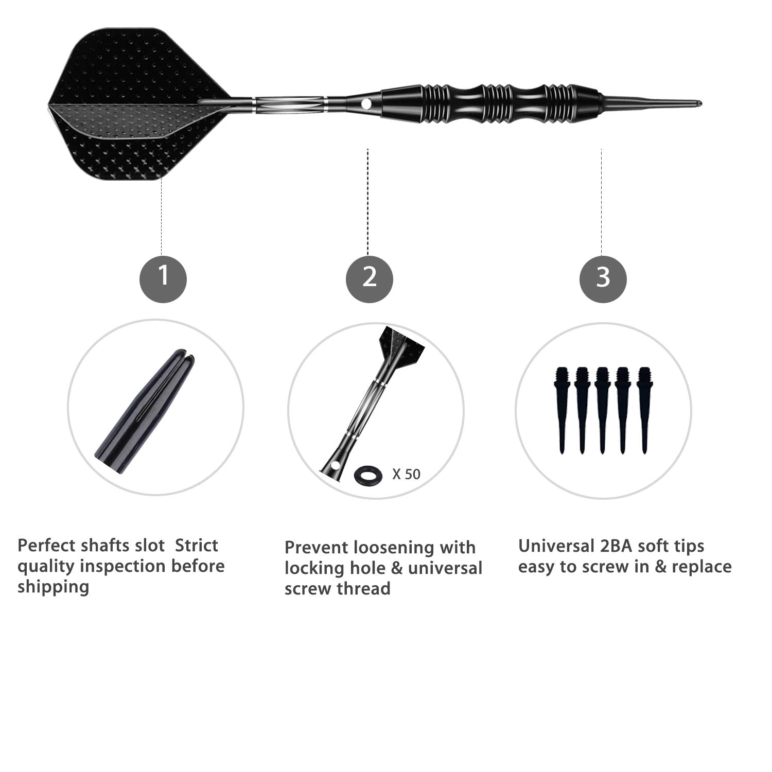 Sanfeng Professional Soft Tip Darts Set 20 Grams W/ 50 O-Rings- 30 Darts Plastic Tip + Black Aluminum Shafts + 6 Standard Flight