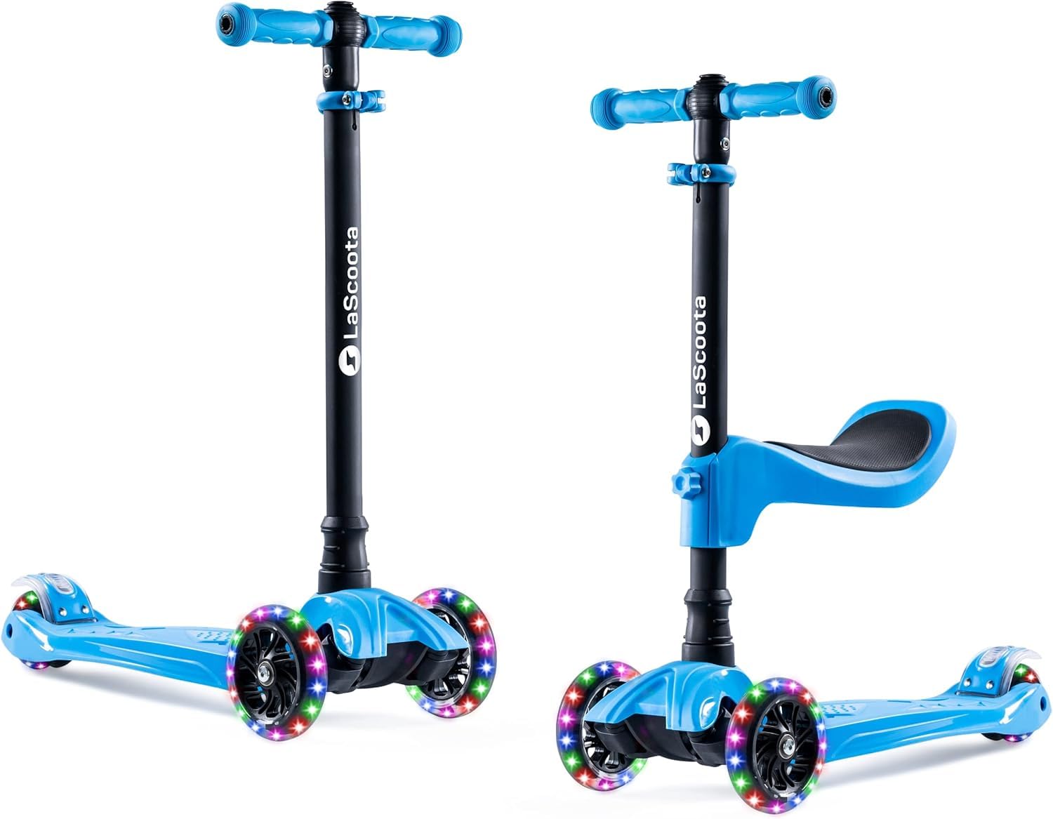 Lascoota 3-Wheel Kids Scooter - Removable Seat, Adjustable Handlebar, Light-Up Wheels & Lean-to-Steer for Toddler Scooter - Blue