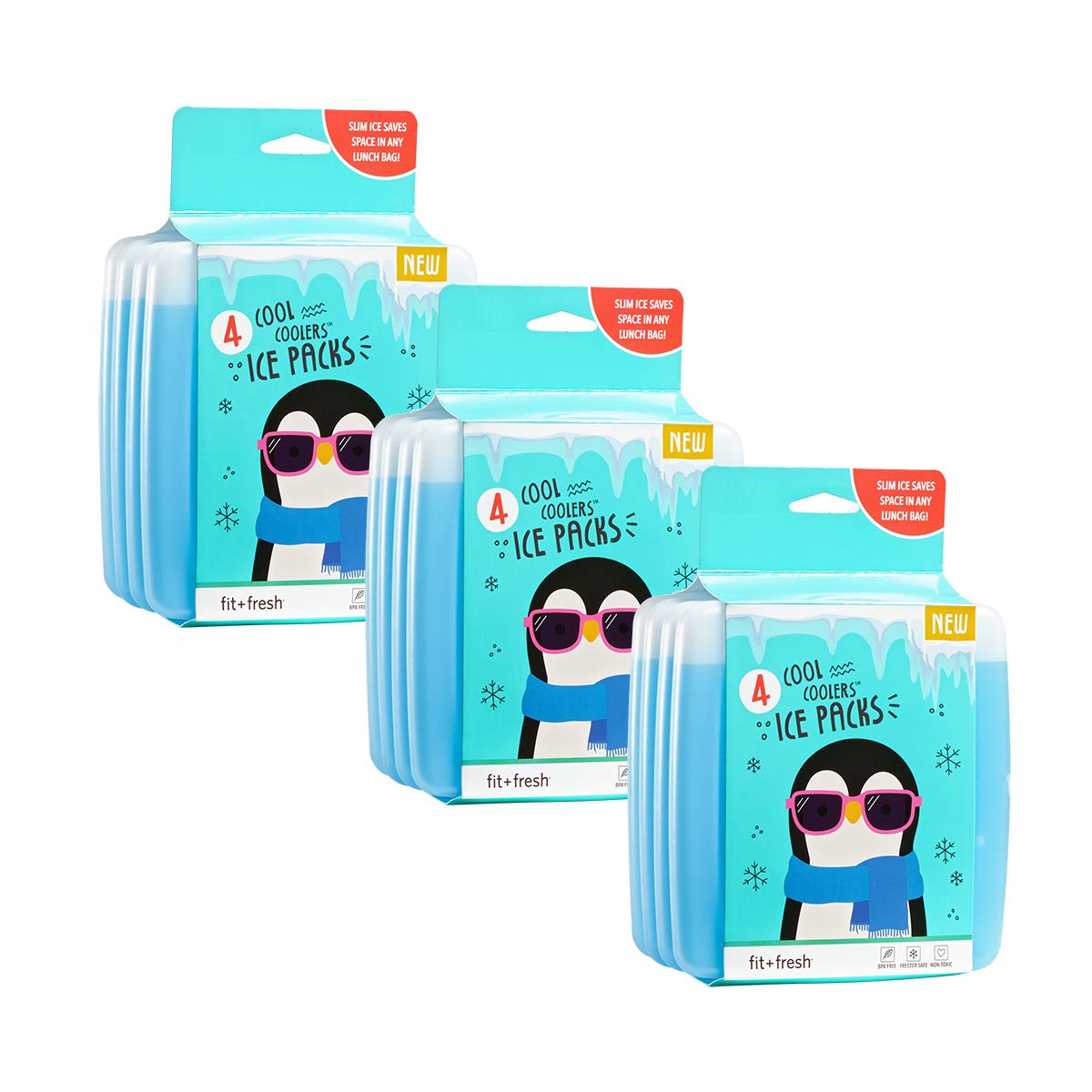 Cool Coolers By Fit + Fresh, 4 Pack Slim Ice Packs, Space Saving Reusable Ice Packs for Lunch Boxes or Coolers, Blue, 3 Packs of
