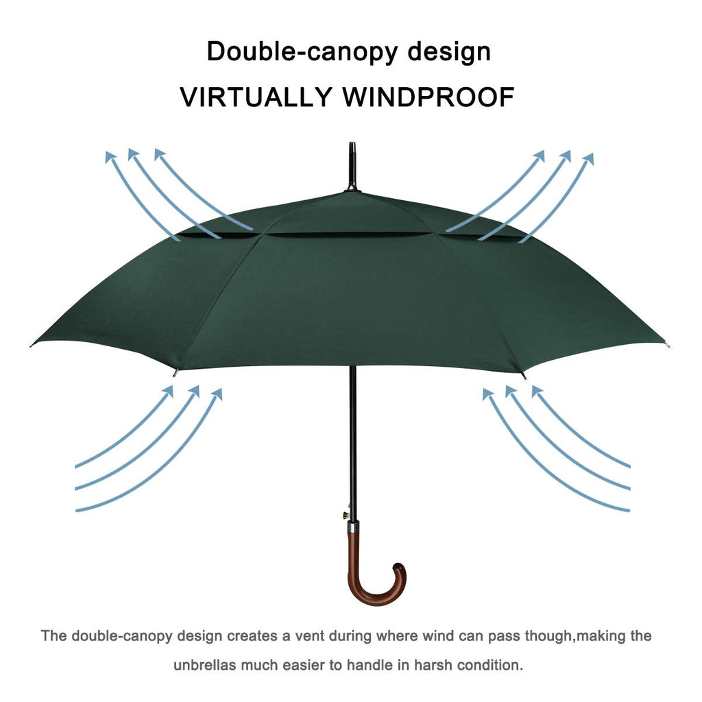 G4Free Wooden J Handle Classic Golf Umbrella Windproof Auto Open 52 Inch Large Oversized Double Canopy Vented Rainproof Cane Sti